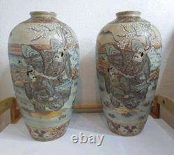 Pair of Japanese Satsuma Vases Hand Painted, Signed, Good Condition, 16 x 8.5