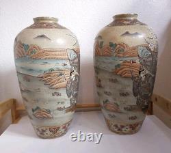 Pair of Japanese Satsuma Vases Hand Painted, Signed, Good Condition, 16 x 8.5