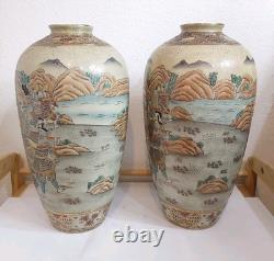 Pair of Japanese Satsuma Vases Hand Painted, Signed, Good Condition, 16 x 8.5