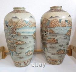 Pair of Japanese Satsuma Vases Hand Painted, Signed, Good Condition, 16 x 8.5