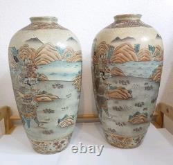 Pair of Japanese Satsuma Vases Hand Painted, Signed, Good Condition, 16 x 8.5