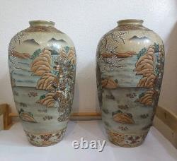 Pair of Japanese Satsuma Vases Hand Painted, Signed, Good Condition, 16 x 8.5