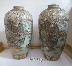 Pair of Japanese Satsuma Vases Hand Painted, Signed, Good Condition, 16 x 8.5