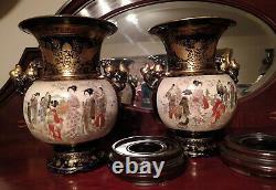 Pair of Japanese Taisho Period Kyo Satsuma Vases on stands. Signed Kusube. C1920