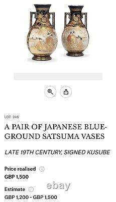 Pair of Japanese Taisho Period Kyo Satsuma Vases on stands. Signed Kusube. C1920