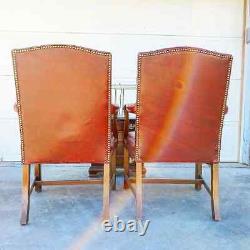 Pair of KITTINGER Presidential Chippendale Mahogany Leather Arm Chairs Signed