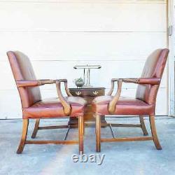 Pair of KITTINGER Presidential Chippendale Mahogany Leather Arm Chairs Signed