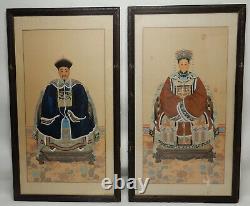 Pair of Large Antique Chinese Qing ancestral paintings on silk 56 inches