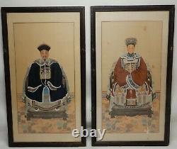 Pair of Large Antique Chinese Qing ancestral paintings on silk 56 inches