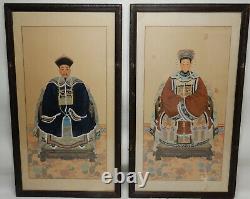 Pair of Large Antique Chinese Qing ancestral paintings on silk 56 inches