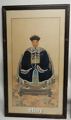 Pair of Large Antique Chinese Qing ancestral paintings on silk 56 inches