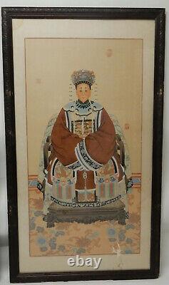 Pair of Large Antique Chinese Qing ancestral paintings on silk 56 inches
