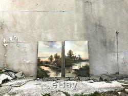 Pair of Large Antique Landscape Oil Paintings on Canvases Signed