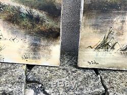 Pair of Large Antique Landscape Oil Paintings on Canvases Signed