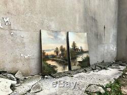 Pair of Large Antique Landscape Oil Paintings on Canvases Signed