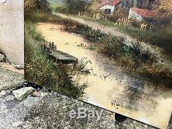 Pair of Large Antique Landscape Oil Paintings on Canvases Signed