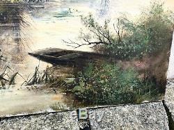 Pair of Large Antique Landscape Oil Paintings on Canvases Signed