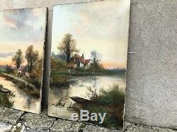 Pair of Large Antique Landscape Oil Paintings on Canvases Signed