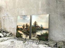 Pair of Large Antique Landscape Oil Paintings on Canvases Signed