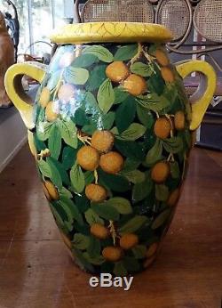 Pair of Large Signed Antique Italian Majolica Floor Vases Decorated with Oranges