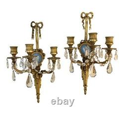 Pair of Louis XVI Signed Caldwell & Company Wedgwood Wall Sconces Dore Bronze