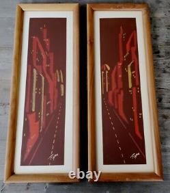 Pair of Midcentury Modern Belart Wall Art Cityscape Paintings, Signed