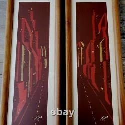 Pair of Midcentury Modern Belart Wall Art Cityscape Paintings, Signed