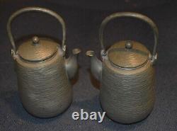 Pair of Oriental Small Teapots, Antique Pewter, Signed, 6-1/4 Tall, Interesting