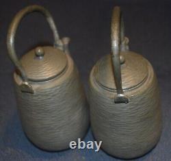 Pair of Oriental Small Teapots, Antique Pewter, Signed, 6-1/4 Tall, Interesting