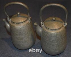 Pair of Oriental Small Teapots, Antique Pewter, Signed, 6-1/4 Tall, Interesting