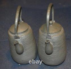 Pair of Oriental Small Teapots, Antique Pewter, Signed, 6-1/4 Tall, Interesting