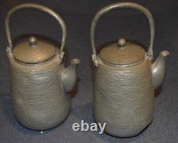 Pair of Oriental Small Teapots, Antique Pewter, Signed, 6-1/4 Tall, Interesting