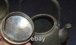 Pair of Oriental Small Teapots, Antique Pewter, Signed, 6-1/4 Tall, Interesting