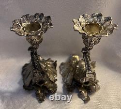 Pair of Ornate Elephant Head Trunk- Pewter Detailed Candle Holders- Signed -Vtg