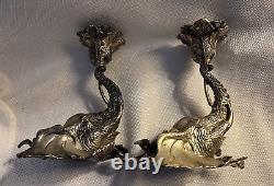 Pair of Ornate Elephant Head Trunk- Pewter Detailed Candle Holders- Signed -Vtg