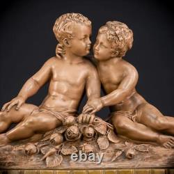 Pair of Putti Terracotta Group Sculpture Antique Signed H Heusers Statue 18.9