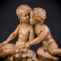 Pair of Putti Terracotta Group Sculpture Antique Signed H Heusers Statue 18.9