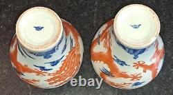 Pair of Qing Dynasty Underglaze Blue & Iron Red Dragon & Phoenix Vases with Deer