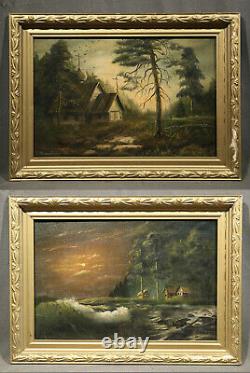 Pair of Russian Antique Magical Landscape Paintings with Beautiful Gold Frames