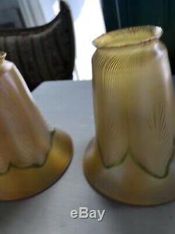 Pair of SIGNED QUEZAL Green Gold Yellow Pink Art Glass Shades antique