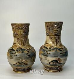 Pair of Signed Antique Meiji Japanese Satsuma Vases 9.75 Tall