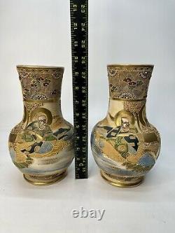 Pair of Signed Antique Meiji Japanese Satsuma Vases 9.75 Tall