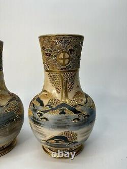 Pair of Signed Antique Meiji Japanese Satsuma Vases 9.75 Tall