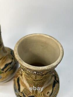 Pair of Signed Antique Meiji Japanese Satsuma Vases 9.75 Tall