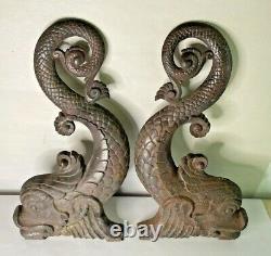 Pair of Signed Bradley & Hubbard B&H Cast Iron Dolphin Andirons (no backs)