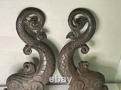 Pair of Signed Bradley & Hubbard B&H Cast Iron Dolphin Andirons (no backs)