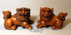 Pair of Signed Carved Antique/ Vintage Japanese Boxwood Foo Dogs. C. 1935