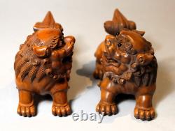 Pair of Signed Carved Antique/ Vintage Japanese Boxwood Foo Dogs. C. 1935