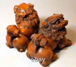 Pair of Signed Carved Antique/ Vintage Japanese Boxwood Foo Dogs. C. 1935