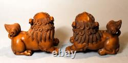 Pair of Signed Carved Antique/ Vintage Japanese Boxwood Foo Dogs. C. 1935